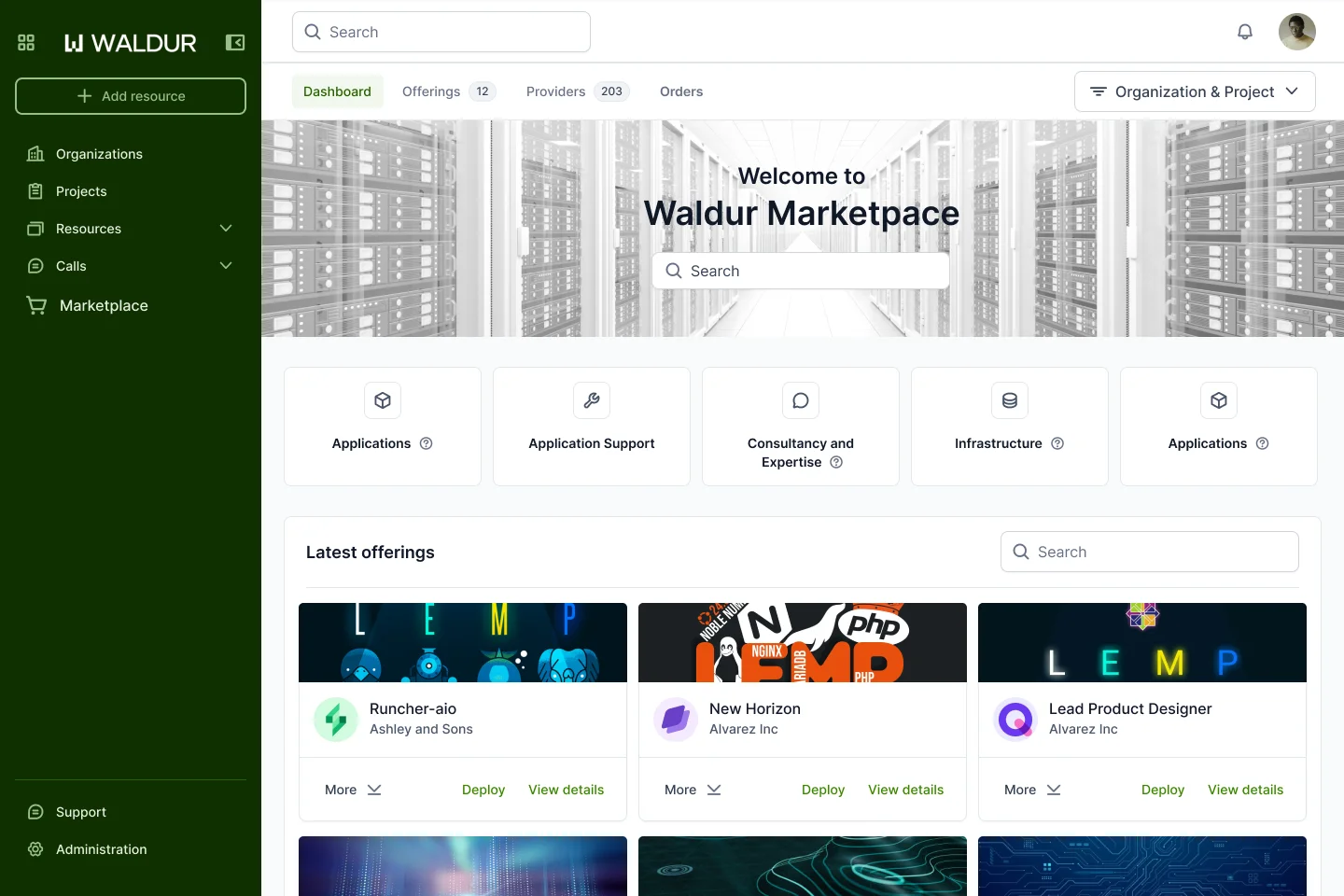 Waldur HomePort marketplace showing service categories, providers, orders, search and offering cards