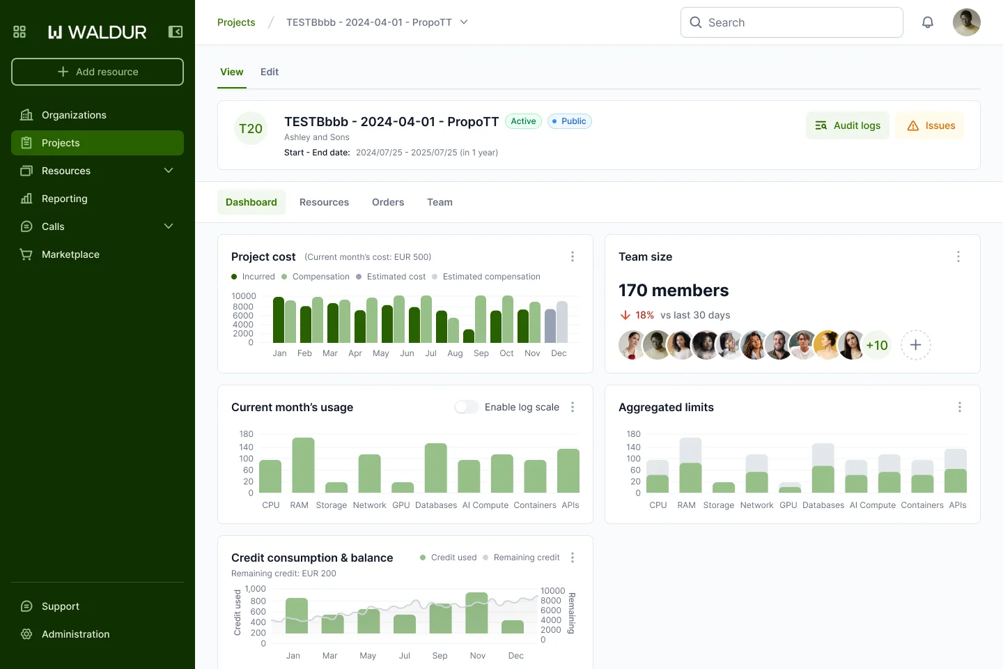 Waldur HomePort project dashboard showing costs, team size, usage and aggregated limits
